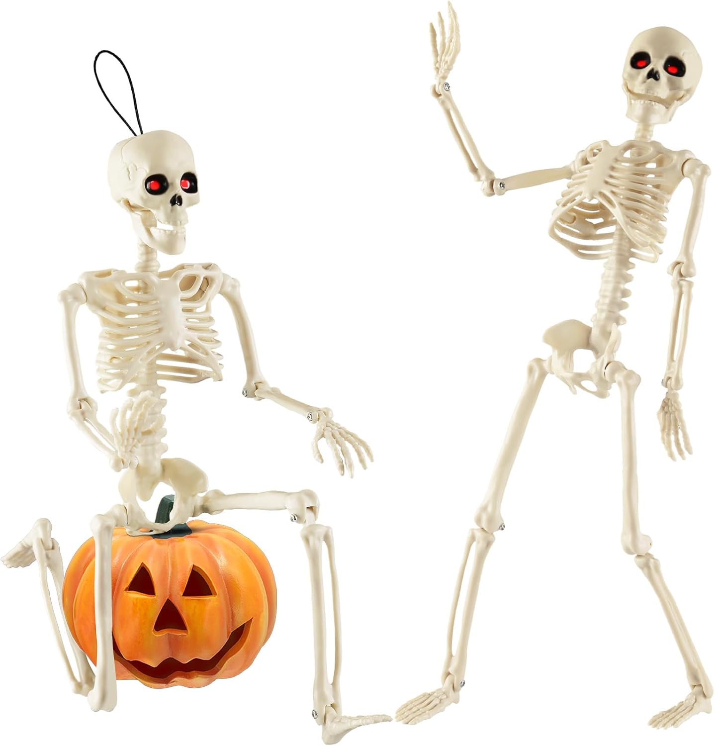 Remiawy Skeleton Halloween Decorations, 16” Full Body Posable Skeletons with Movable Joints, Small Plastic Hanging Props for Haunted House, Yard, Graveyard, Spooky Party Indoor Outdoor Decor, 2 Packs
