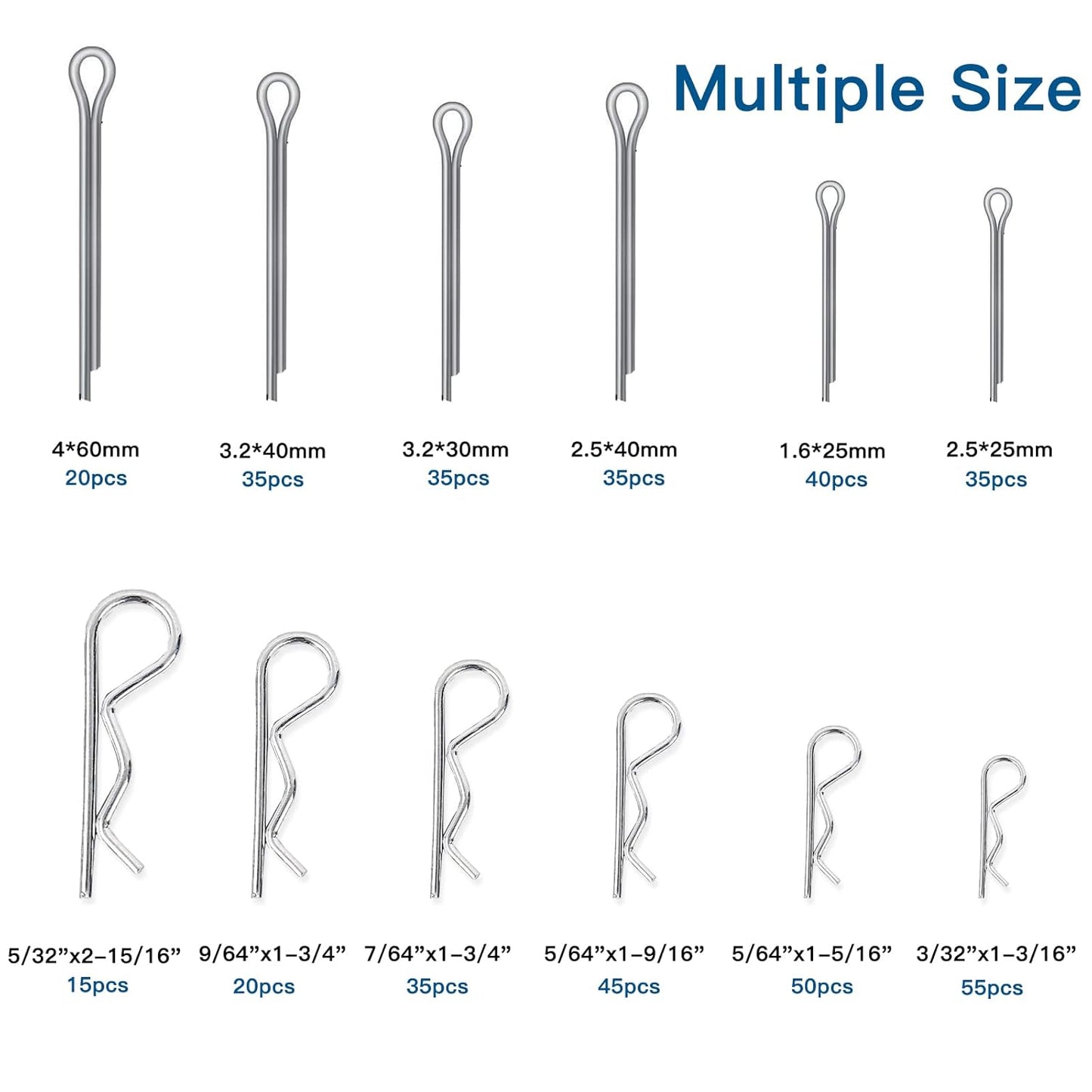 Boatsea 420Pcs Cotter Pin Assortment Kit R Clips Spring Retaining Hair Pins Assortment Kit, Including 6 Sizes 200PCS Cotter Pins and 6 Sizes 220PCS Hairpin Pins, Zinc-Plated
