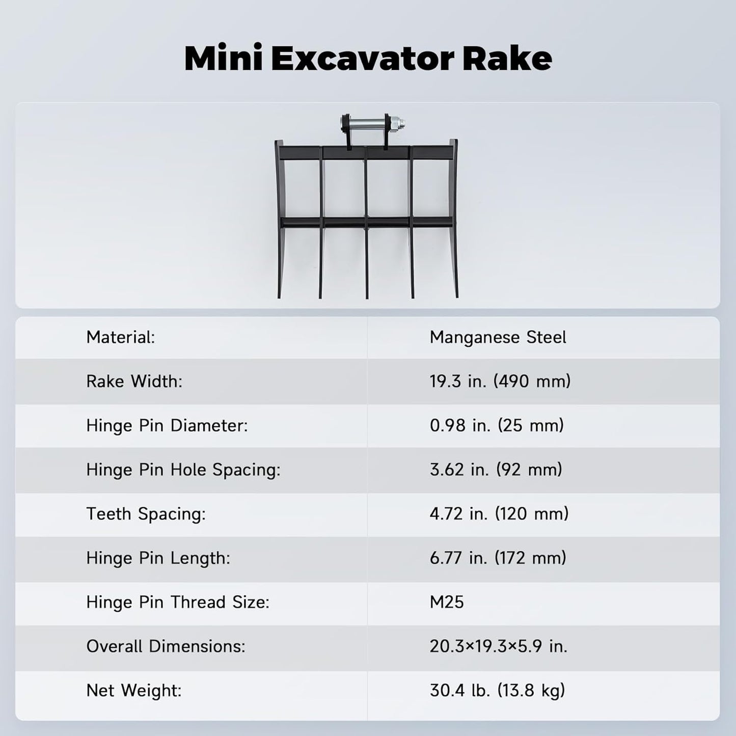 AHM 19" Mini Excavator Rake, 5-Tooth Wide Rake Attachment for Mini Excavators up to 2 Tons, 490 mm Metal Brush Rake with 0.98" (25 mm) Pins for Land Clearing, Debris Removing, Soil Spreading