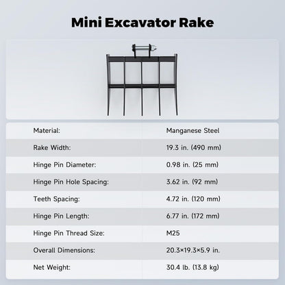 AHM 19" Mini Excavator Rake, 5-Tooth Wide Rake Attachment for Mini Excavators up to 2 Tons, 490 mm Metal Brush Rake with 0.98" (25 mm) Pins for Land Clearing, Debris Removing, Soil Spreading