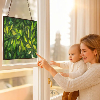 Personalized Rectangle Green Grass Stained Glass Window Hanging Sun Catcher Halloween Haning Ornament Decoration Christmas Birthday Gifts for Lover Friends Mothers Day