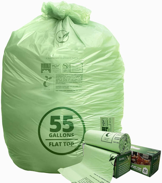 50-55 Gallon Compostable Trash Bags with Flat-Top, Heavy Duty Extra Thick 1.57 Mil, 208.2 Liter, 12
