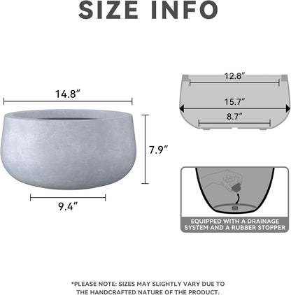 Kante 15.7" Dia Round Concrete Planter, Outdoor Indoor Garden Plant Pots with Drainage Hole and Rubber Plug, Modern Curvaceous Design, Slate Gray