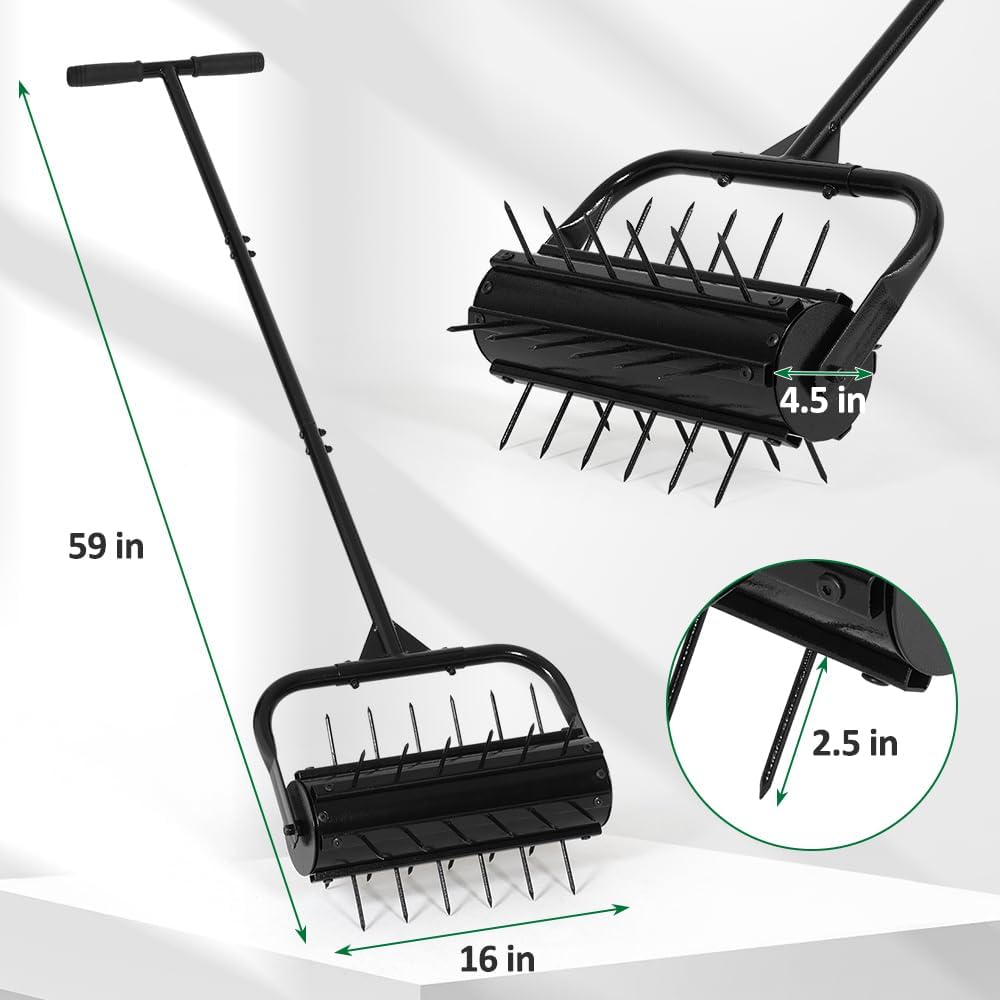 SMONTER Manual Lawn Aerator, 17” Heavy Duty Rolling Aerator Lawn Tool for Yard Garden, Aeration Tool with Spike Soil Penetrator