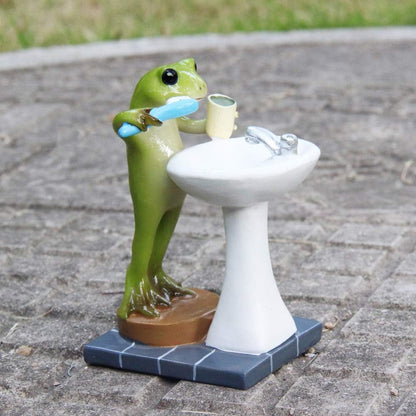 Tfro & Cile Frog Garden Statue Decor Miniature Animal Figurine Outdoor Fairy Brushing Teeth Sculpture for Bathroom - 3.3 Inch Height
