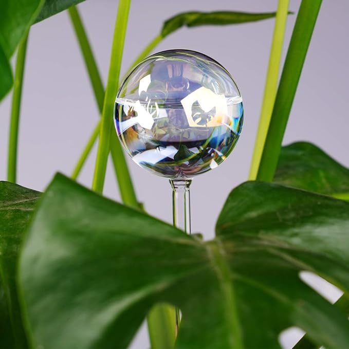 [2 PCS] Light Iridescent Rainbow Gradient Color Clear Glass Self-Watering System Spikes, Automatic Plant Waterer Bulbs