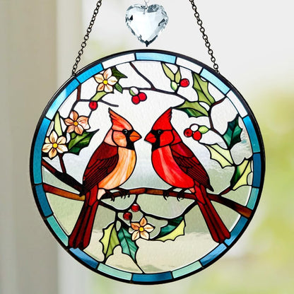 Cardinal Couple Stained Glass Suncatcher, Red Birds and Flower Art Glass Sun Catcher Crystal Ornament Window Hanging, Gifts for Bird Lovers Women Grandma Mom, Memorial Keepsake Painted Panel Décor