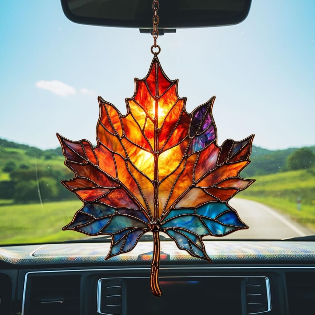 Maple Leaf in Autumn Acrylic Suncatcher Stained Glass Effect Window Car Hanging Christmas Ornament Indoor Outdoor Decor Garden Sun Catcher Panel for Maple Leaf Lover for Women Mom Grandma