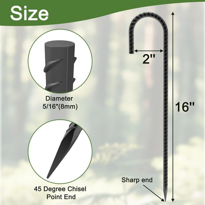 Rebar Stakes 16 inch, Heavy Duty J Hook Ground Stakes, 5/16 inch Curved Steel Tent Stakes Anti Rust Ground Anchors for Chain Link Wire Fencing, Pack of 40, Black