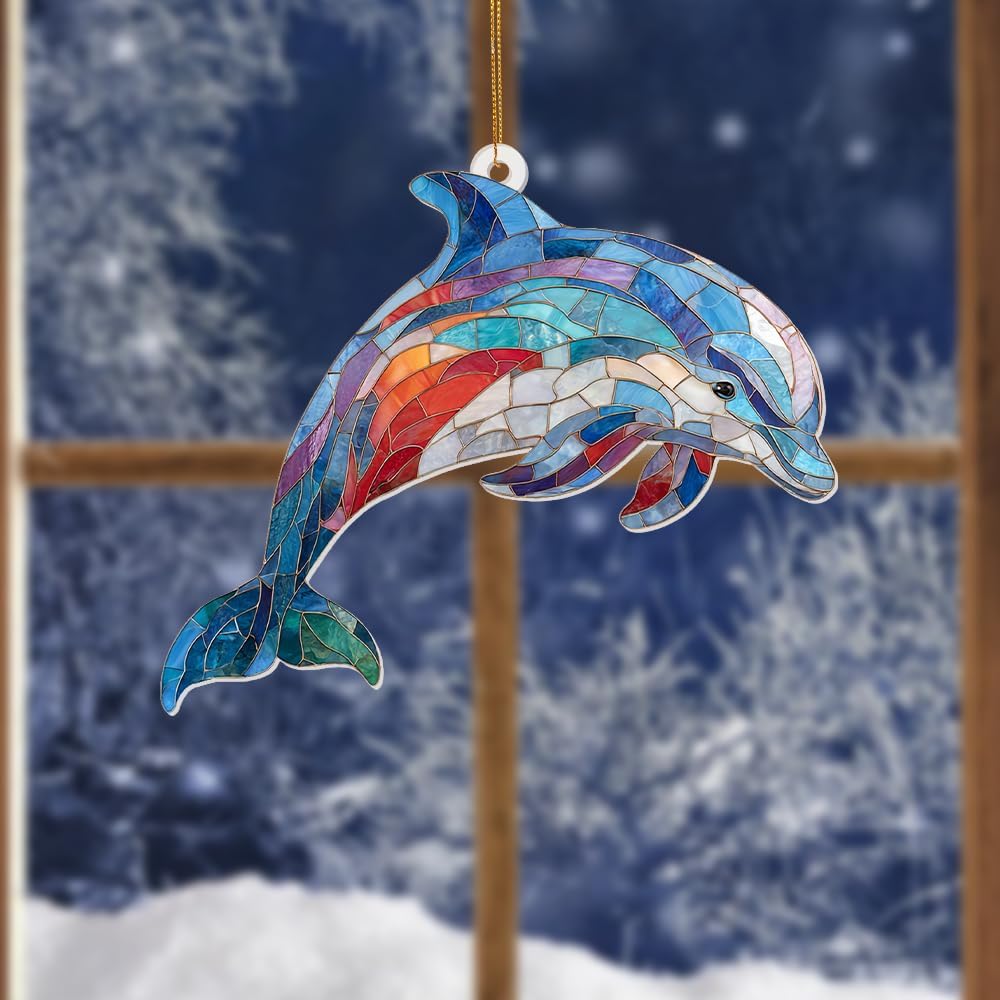 Dolphin Stained Glass Ornament, Ocean Marine Life Window Hanging Suncatcher Acrylic Decor, Nautical Animal Ornament for Home, Car Mirror, Beach House, Collectible Gift for Dolphin Lovers(Sun-08)