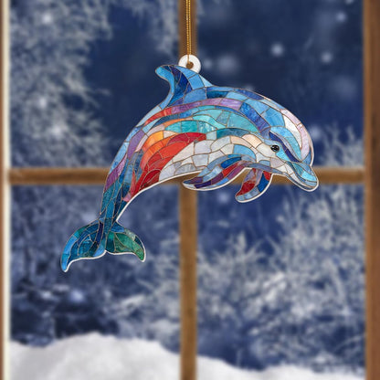 Dolphin Stained Glass Ornament, Ocean Marine Life Window Hanging Suncatcher Acrylic Decor, Nautical Animal Ornament for Home, Car Mirror, Beach House, Collectible Gift for Dolphin Lovers(Sun-08)
