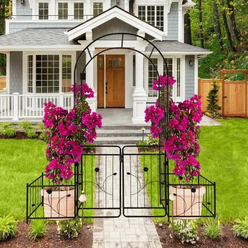 Metal Garden Arbor Arch with Gate and Plant Box Climbing Plants Outdoor Plant Support Rose 86.6''H Arch Outdoor Lawn Wedding Party Events Archway, Black