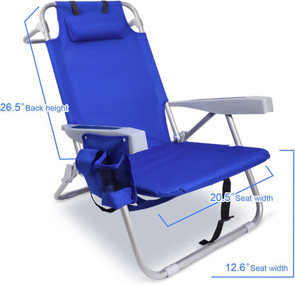 Beach Chair with Backpack Straps, Heavy Duty Backpack Beach Chairs for Adults with 4 Positions, Lay Flat Beach Chair with Large Cooler Pouch, Support to 350LBS