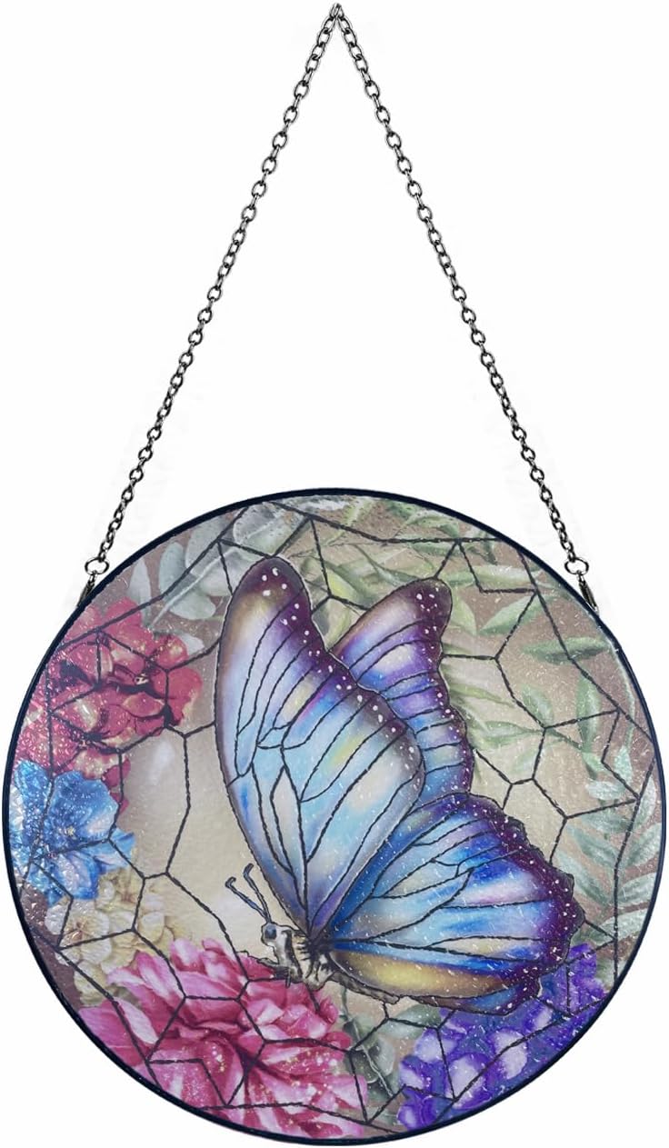 12''Stained Glass Butterfly Suncatcher, Window Hanging, Colorful Glass Decor with Metal Chain