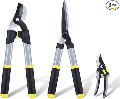 Colwelt Loppers Hedge Clippers Garden Shears 3Pcs, Compact Garden Loppers Shear Set with 17?™â€?Bypass Branch Cutters & Hedge Shears & Pruners, Tree Shrub Care Kit for Lopping with Soft Grip Handle