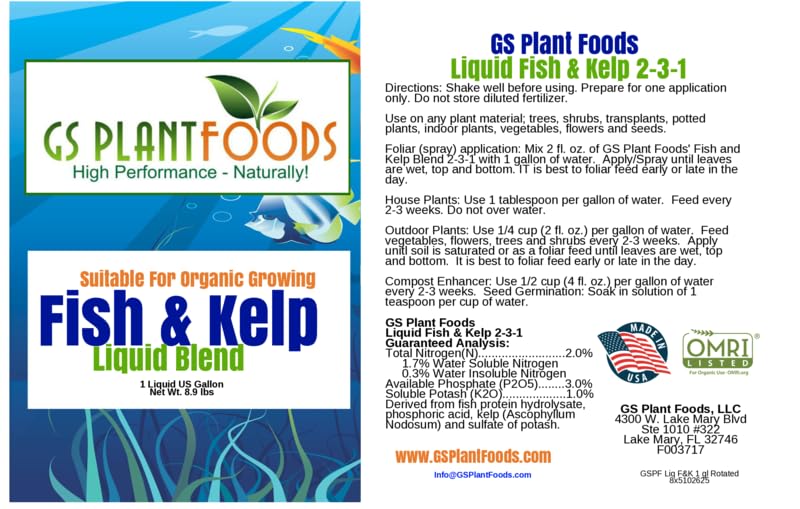 GS Plant Foods Liquid Fish & Kelp Fertilizer (1 Gallon) – Organic Material Review Institute Listed Natural Plant Food for Home Gardens, Lawns, and Vegetables