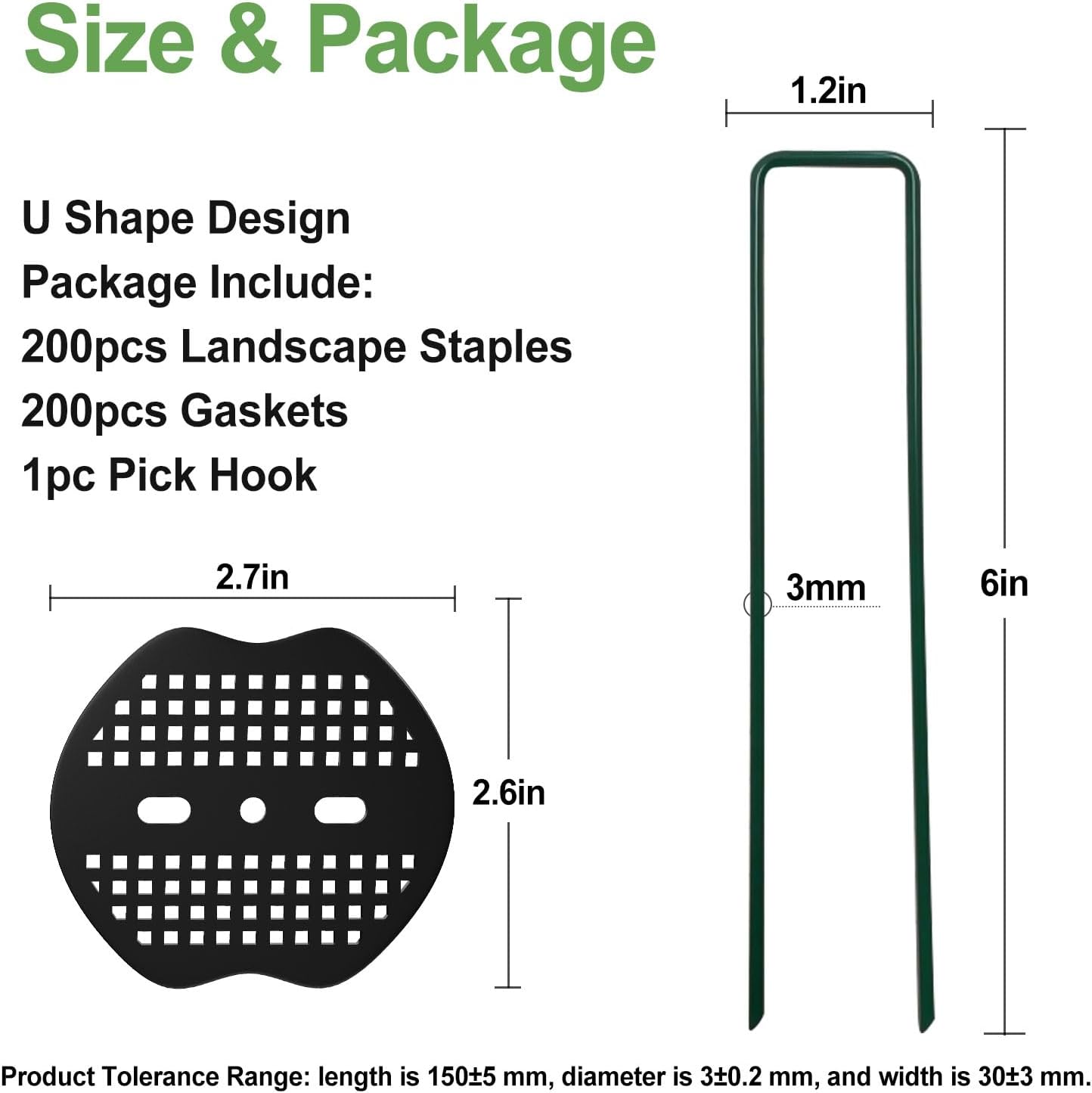 FOTMISHU Landscape Staples 6Inch 200pcs Garden Stakes + 200pcs Gasket, Lawn Pins with Spray Coating Craft,11Gauge Anti-Rust Ground Yard Spikes Anchoring for Outdoor Tents Irrigation Hoses (Green)
