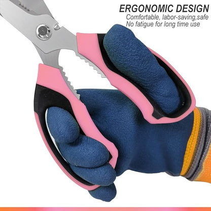 Heavy Duty 8'' Multipurpose Scissors with Protective Cover, Stainless Steel Serrated Blades, Easy Cutting Cardboard, Leather, Fabric, Wires (PINK)