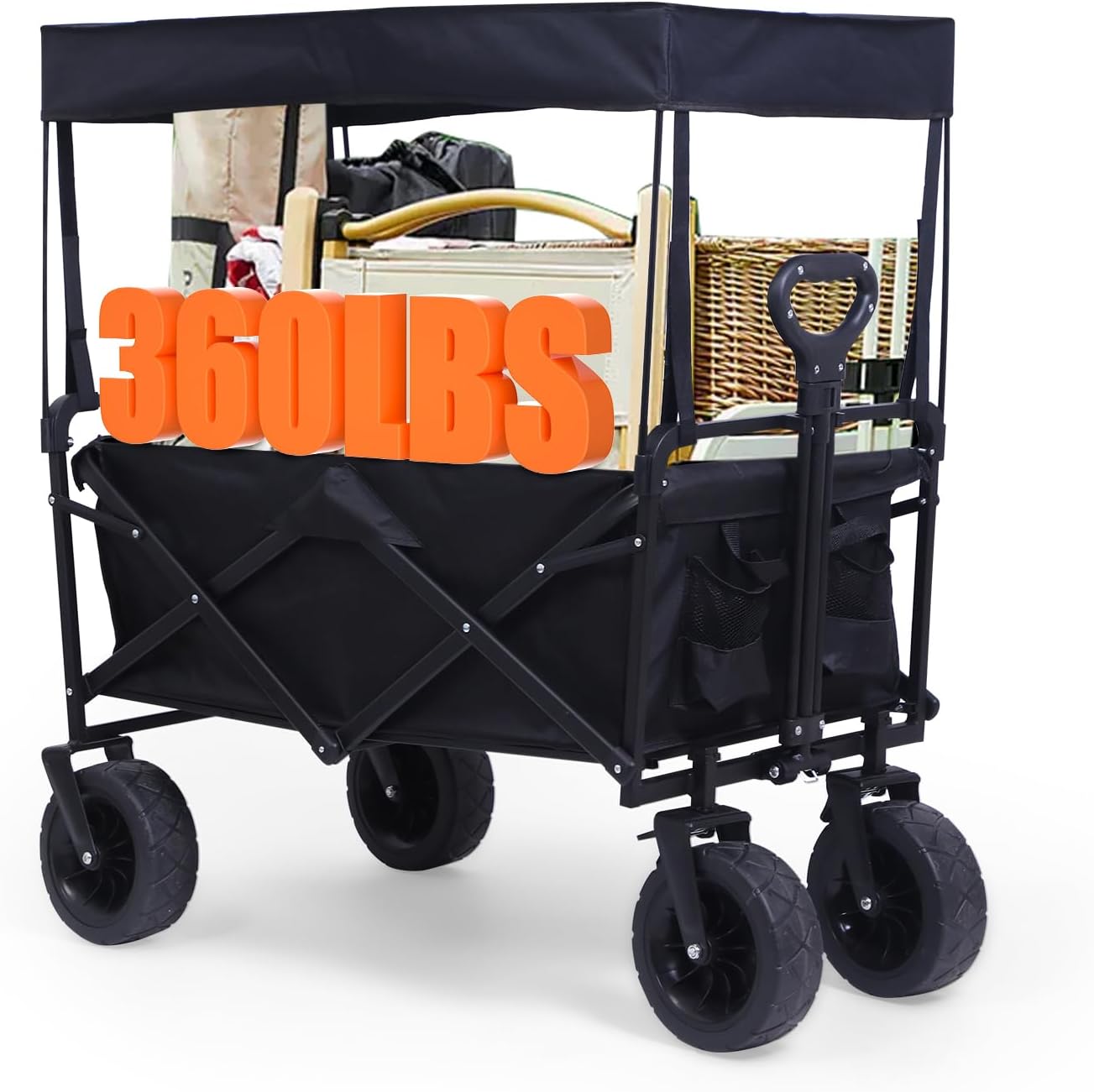 Nice C Heavy Duty Wagon, Collapsible Wagon with Canopy, Black, Steel, 4 Wheels, 33 x 22.4 x 7.6 inches