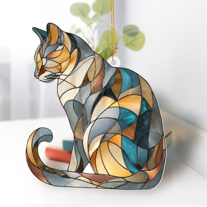 Stained Glass Cat Ornament – 2025 Christmas Tree Decoration, Handmade Animal Suncatcher for Window, for Cat Lovers & Unique Home Décor (Sun-03)