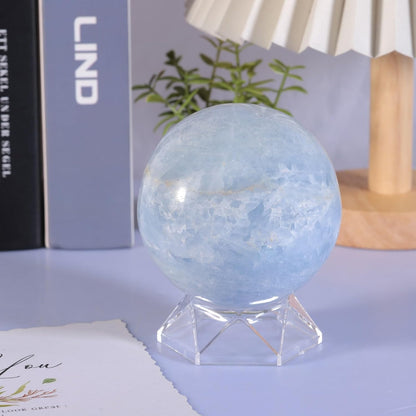 Natural Blue Celestite Crystal Ball with Acrylic Display Base, 81-90mm Polished Stone Feng Shui Crystal Sphere Meditation Decoration for Home & Office