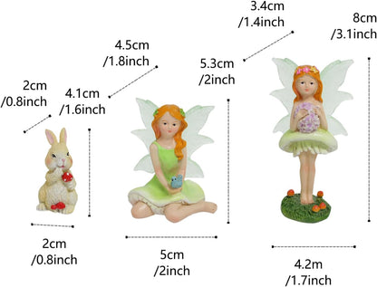 Mushroom Garden Miniatures Fairies Luminous Wings, Mini Garden Figurine Set Fairies Statues with a Rabbit for Outdoor Garden Yard Lawn Home Decor Lovely Resin Fairy Angel Accessories 3 PCS