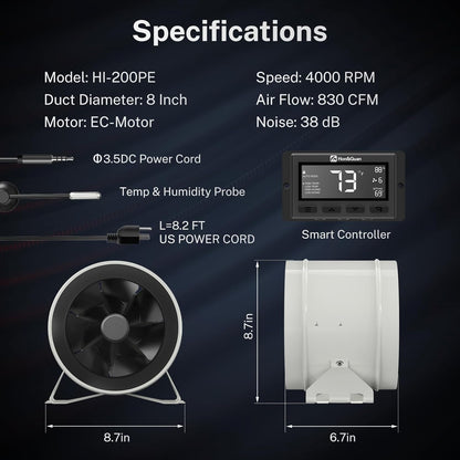 Hon&Guan PRO 8 Inch Inline Duct Fan - 830 CFM with Quiet EC Motor & Temperature Humidity Smart Controller, Ventilation Exhaust Fan for Heating Cooling, Grow Tents, Hydroponics (White&Black)