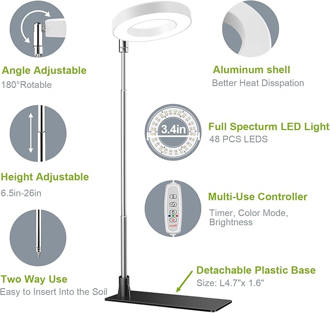 Grow Lights for Indoor Plants, 48 LEDs Full Spectrum Halo Plant Light for Indoor Plants, Height Adjustable Growing Lamp with Detachable Base, 3/9/12Hrs Timer, 10 Brightness, 3-Pack