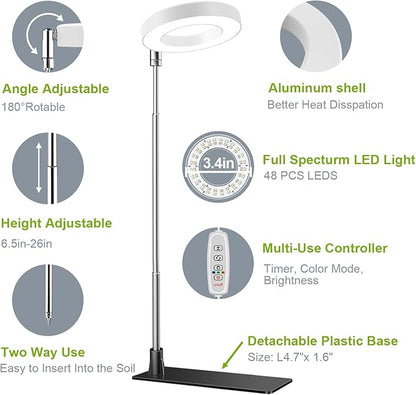 Grow Lights for Indoor Plants, 48 LEDs Full Spectrum Halo Plant Light for Indoor Plants, Height Adjustable Growing Lamp with Detachable Base, 3/9/12Hrs Timer, 10 Brightness, 3-Pack