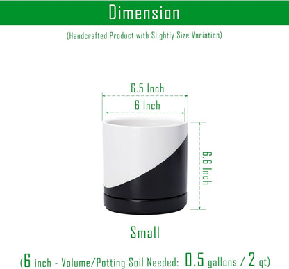 D'vine Dev 6.5 Inch Ceramic Planter Pot with Drainage Hole and Saucer, Indoor Cylinder Round Planter Pot, Oblique Monochrome Black and White, 94-O-C-K