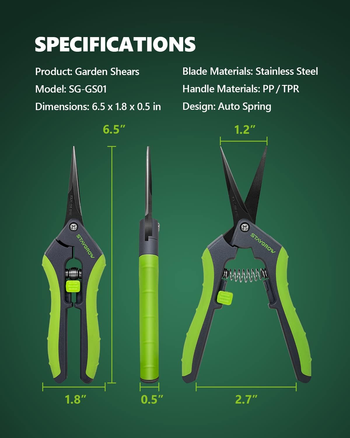 6.5" Straight Pruning Shears for Gardening, Sharp Plant Trimming Scissors for Precise Cuts, Stainless Steel Garden Scissors Bonsai Clippers (1-Pack)
