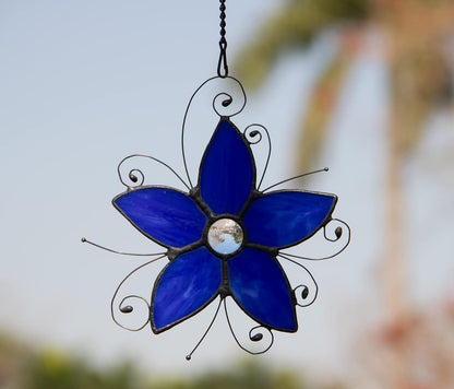 Forget-me-not Stained Glass Window Hangings, Forget Me Not Flower Suncatcher for Window,Stained Glass Flowers, Birthday Gifts for Women and Flower Lovers (Blue)