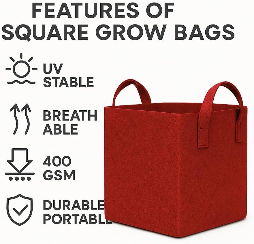 Square Geo Fabric Grow Bag 400 GSM Durable Breathable UV Resistant Reusable Plant Container for Herbs, Vegetables Flowers Space Saving Gardening Pack of 2 (Green, 15 inch) (Red)