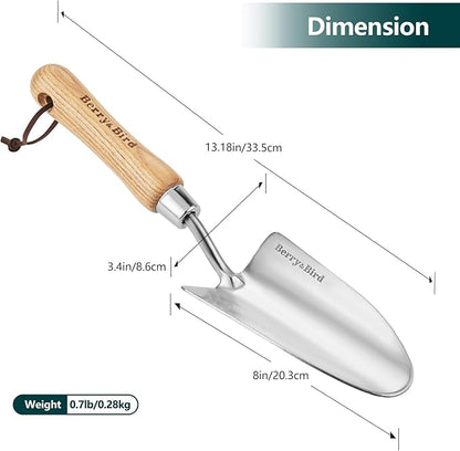 Berry&Bird Stainless Steel Trowel, Garden Small Flower Hand Shovel, Potting Soils Scoop with Wood Handle, Gardening Bonsai Tools for Transplanting Digging Weeding Planting
