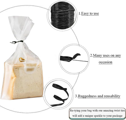 HAHIYO 350Yards/1050Feet/320M Black Metal Twist Ties for Bread Candy Coffee Plant Garden Cellophane Treat Bags Gift Wrapping Plastic Halloween Party Cake and Craft Projects