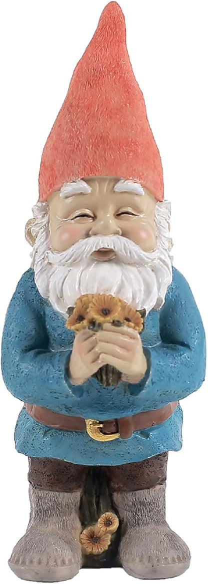Gnome Figurine, Holding Sunflower friendly Welcome The Master Home for Indoor Outdoor Patio Yard Lawn Decor, Polyresin 11.8" H