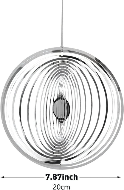 Hanging Wind Spinner Outdoor Metal Decorations, Silver Wind Spinners for Yard and Garden,3D Mirror Stainless Steel Wind Sculptur Chime Indoor Outdoor Garden Decoration Worth Gift （Round）