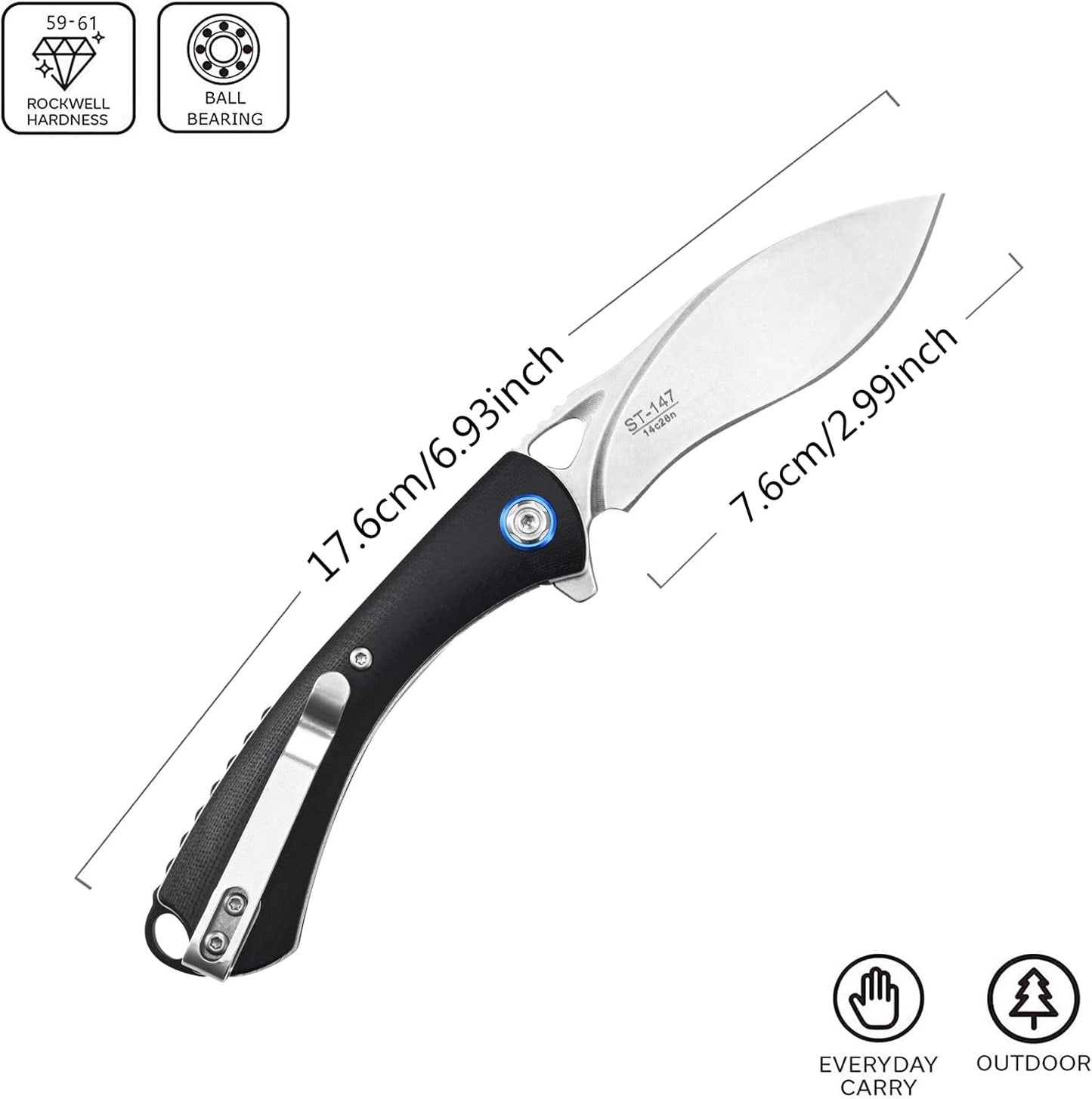 Sitivien ST147 Folding Pocket Knife,14C28N Steel Blade with G10 Handle Utility Knife EDC Tool Knife for Outdoor Camping,Hiking,Hunting(Black)