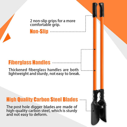 Post Hole Digger, Heavy Duty with Fiberglass Handle, Carbon Steel Blades, 58 Inches, Orange & Black