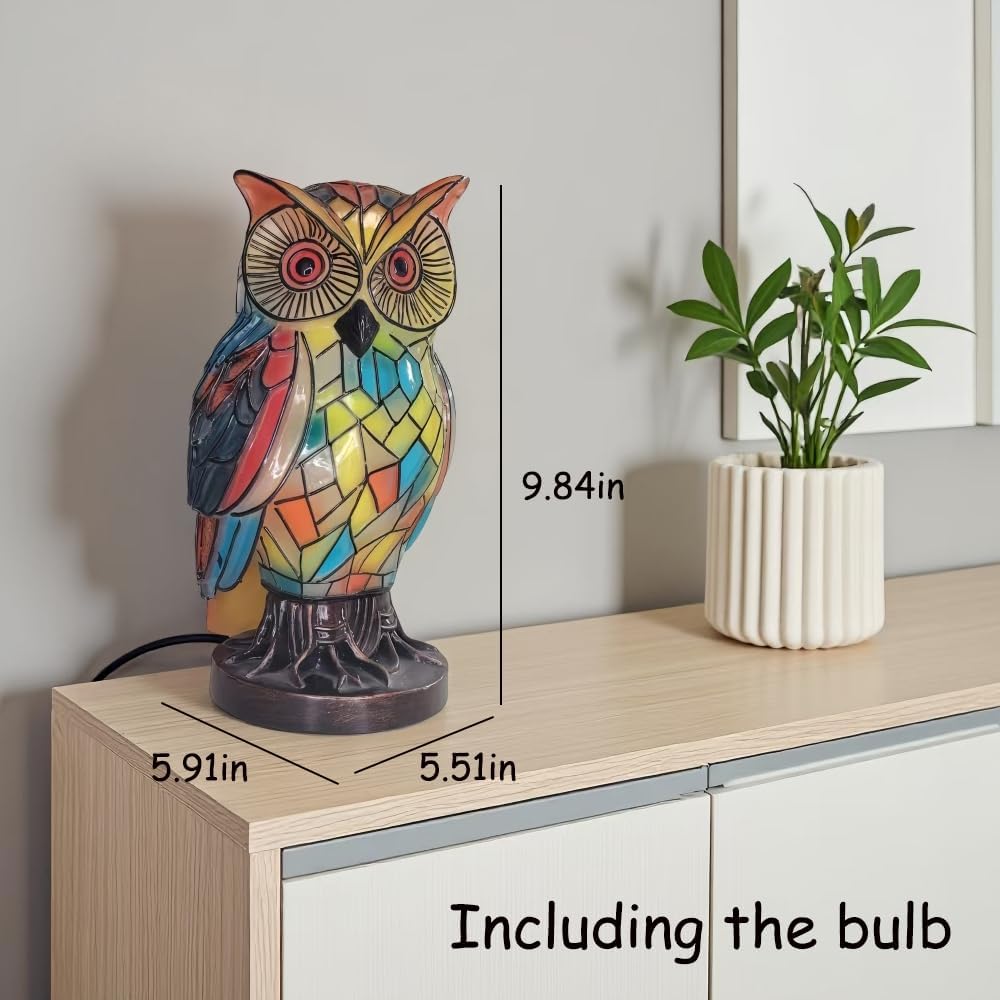 Tiffany Style Owl Table Lamps - Hand-Drawn Vintage Resin Colorful Tiffany Owl Lamp for Bedroom Living Room Nursery Office, Whimsical Animal Desk Lamp, Unique Gift for Mom.