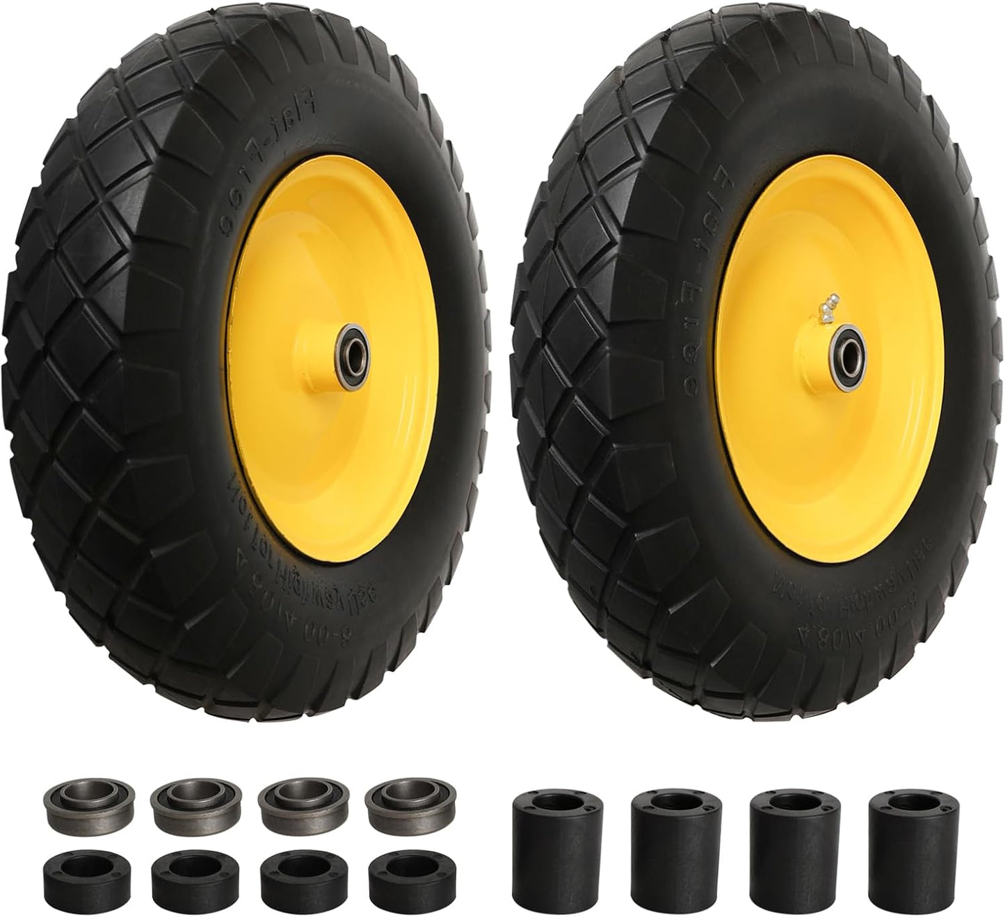4.80/4.00-8" Tire and Wheel Assembly Set for Wheelbarrows, 5/8" or 3/4" Bore Wheelbarrow Tires for Utility Cart, Wheel Barrel, Wagon, Trailer, Dolly, 16" Solid Rubber Tires Without Flat Spots, 2 Pack