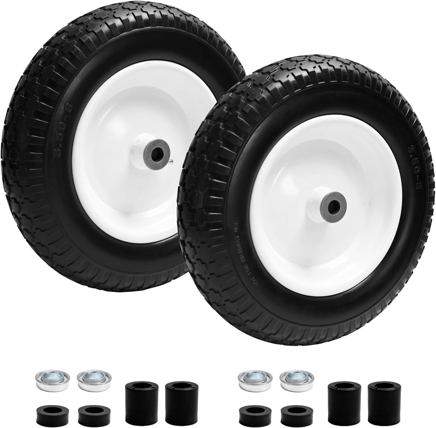 Parts Camp Wheelbarrow Tires,3.50-8" Flat-free Solid Tire and Wheel,Universal Fit 14.5" Wheelbarrow Tire For Garden Carts/Wheelbarrows/Trolley Dolly With 5/8" Axle Bore Hole,3" Centered Hub(2 Pack)
