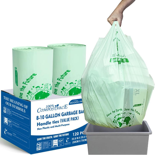 8-10 Gallon Compostable Trash Bags, 120 Count, Compost Bags Kitchen Trash Bags with Handle, Sturdy