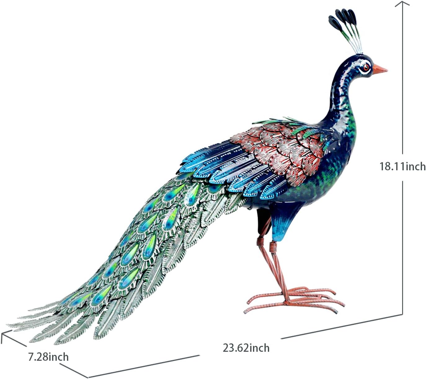 Kircust Metal Peacock Statue for Outdoor Decor - 24" L Elegant Peacock Sculpture for Garden, Patio, Yard, or Home - Weatherproof & Handcrafted Peacock Art