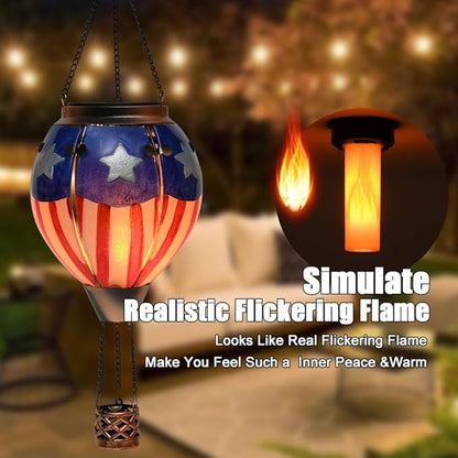 Hot Air Balloon Solar Lantern - U.S Flag Patriotic Glass Lantern, Simulated Flickering & Dancing Flame, Outdoor Hanging Yard Light Waterproof IP65, Ideal 4th of July Gift for Patriot Patio Decor
