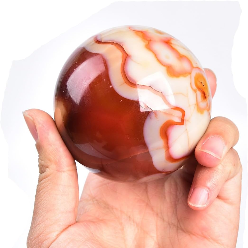 JIC Gem Natural Red Agate Crystal Ball Round Healing Crystals Decorative Sphere with Wooden Stand Meditation Home Decor 2.3-2.7 inch (60-70mm)