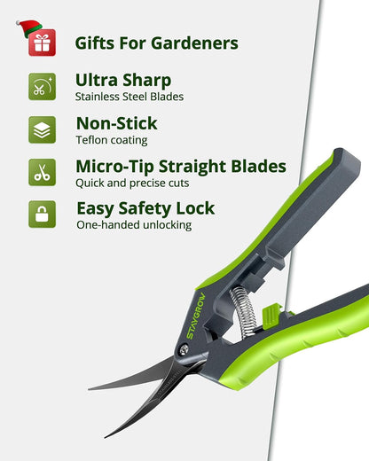 Pruning Shears for Gardening 2 Pack, 8.5" Bypass Garden Clippers and 6.5" Curved Garden Shears, Pruners with Super Sharp Stainless Steel Blades, Safety Lock, Gardening Gifts for Men Women