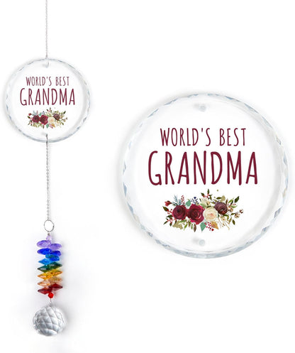 Glass Ornament Suncatcher - World's Best Grandma Birthday Gift for Grandmother - Crystal Rainbow Maker - Gift from Granddaughter Grandson - Window Hangings Home Decor