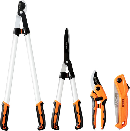 GARCARE 4 IN 1 Garden Shears Pruning Set with Bypass Pruning Shears Compound Lopper and Hedge Shears and Folding Saw with Carbon Steel Sharp Blades