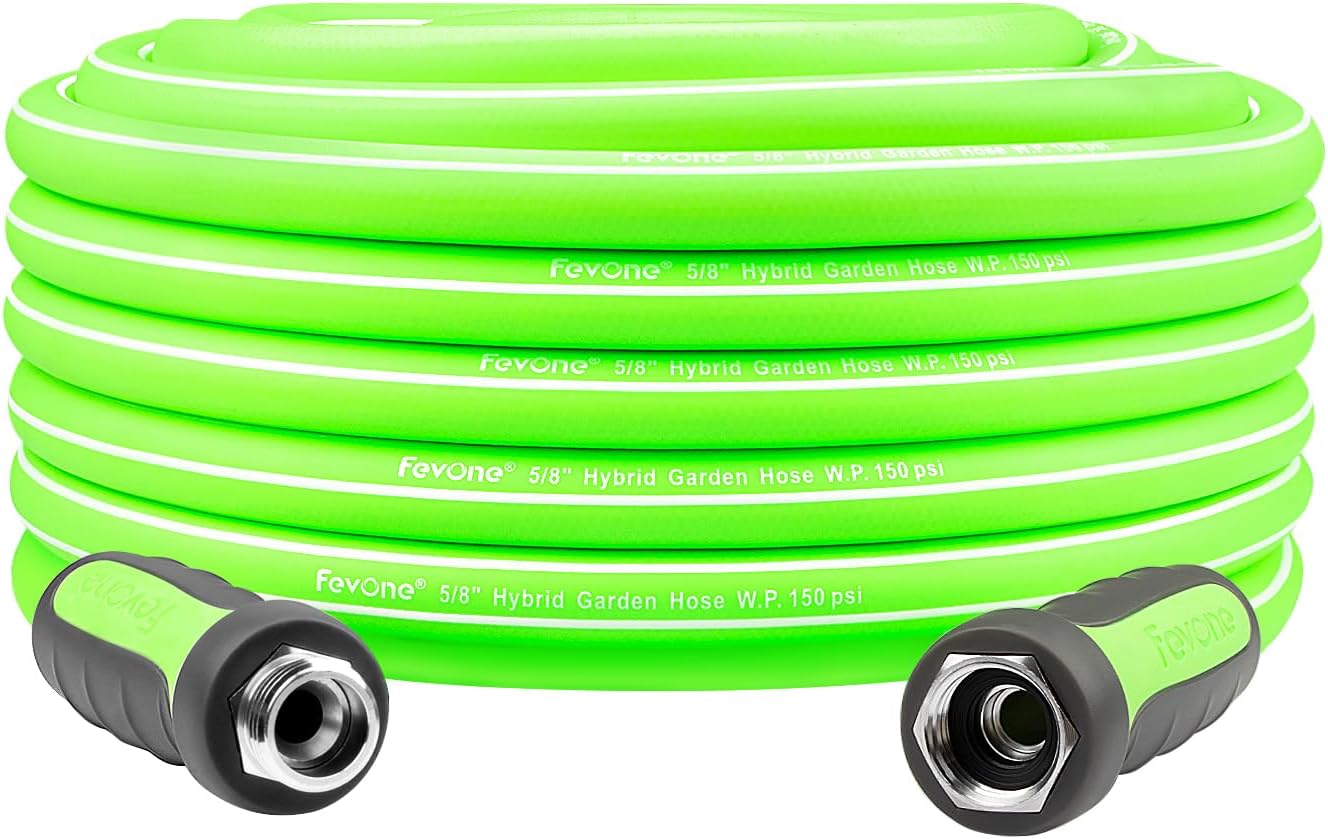 Fevone 55 ft x 5/8" Heavy Duty Garden Hose, Drinking Water Safe, Flexible & Kink-Free Hybrid Polymer Water Hose, Lightweight Outdoor Hose with swivel handles and 3/4" Solid Aluminum Fittings